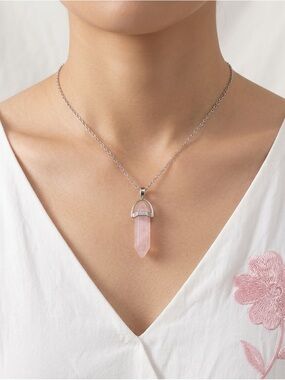 Pink Crystal Point Pendant | Hexagon Bullet Necklace Silver Tone